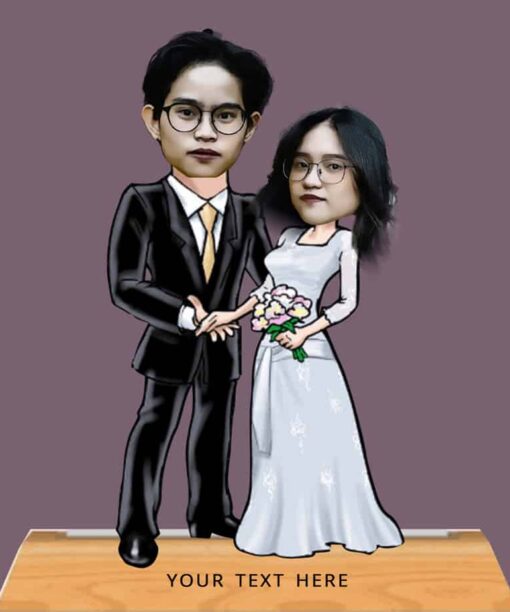 Newly Wed Couple Caricature With Personalized Wooden Base