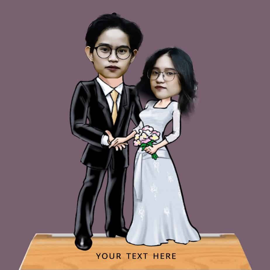 Newly Wed Couple Caricature With Personalized Wooden Base