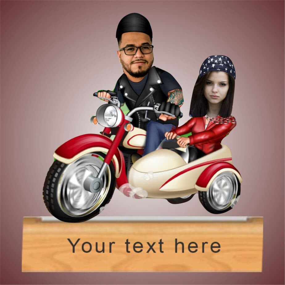 "biker couple" caricature with personalized wooden base