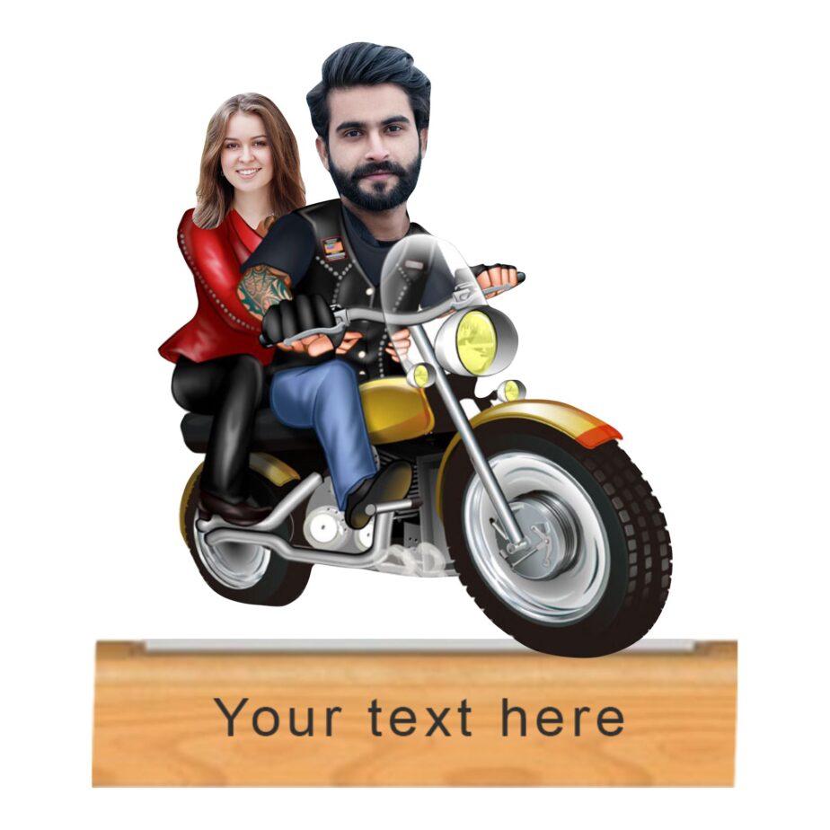 "scooter couple" caricature with personalized wooden base