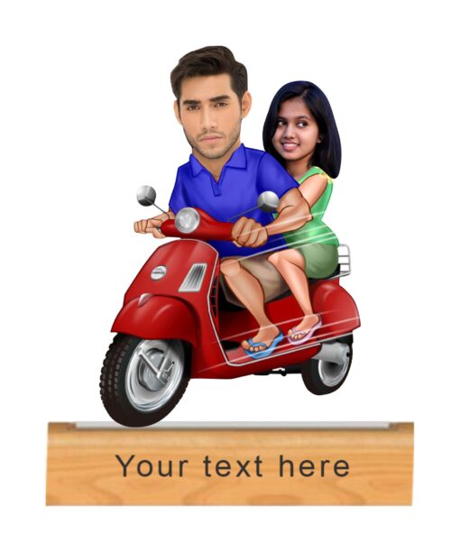 Scooter couple caricature with personalized wooden base