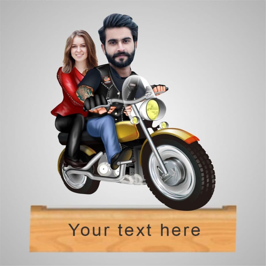 "scooter couple" caricature with personalized wooden base