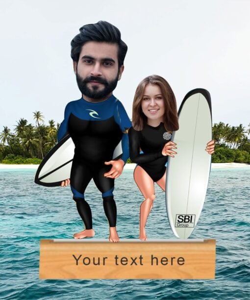 Surfing couple caricature
