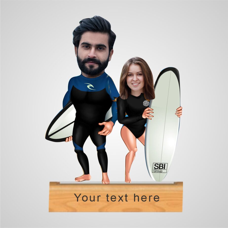 Surfing couple caricature