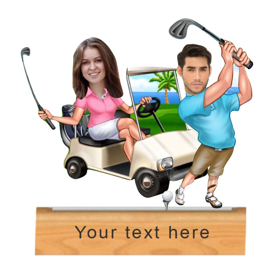The Golfer couple caricature with personalized wooden base