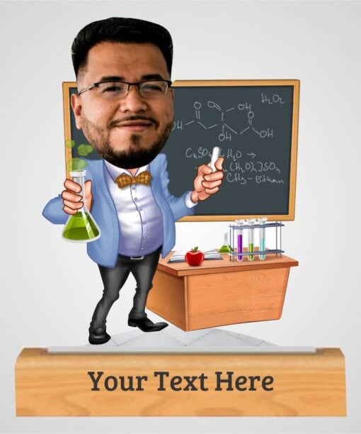 "chemistry teacher men" caricature with personalized wooden base