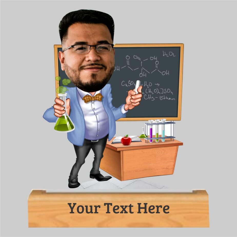 "chemistry teacher men" caricature with personalized wooden base