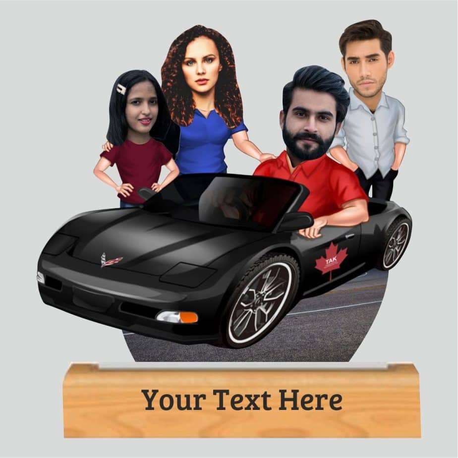 "family road trip caricature" with personalized wooden base