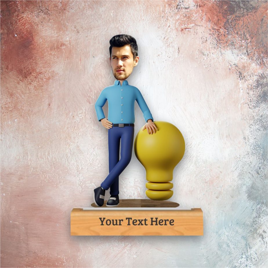 "think tanker" caricature with personalized wooden base