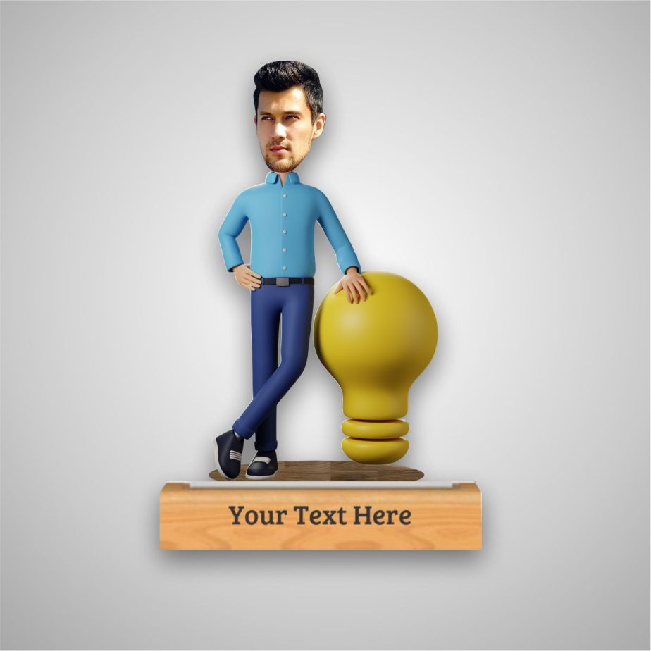 "think tanker" caricature with personalized wooden base