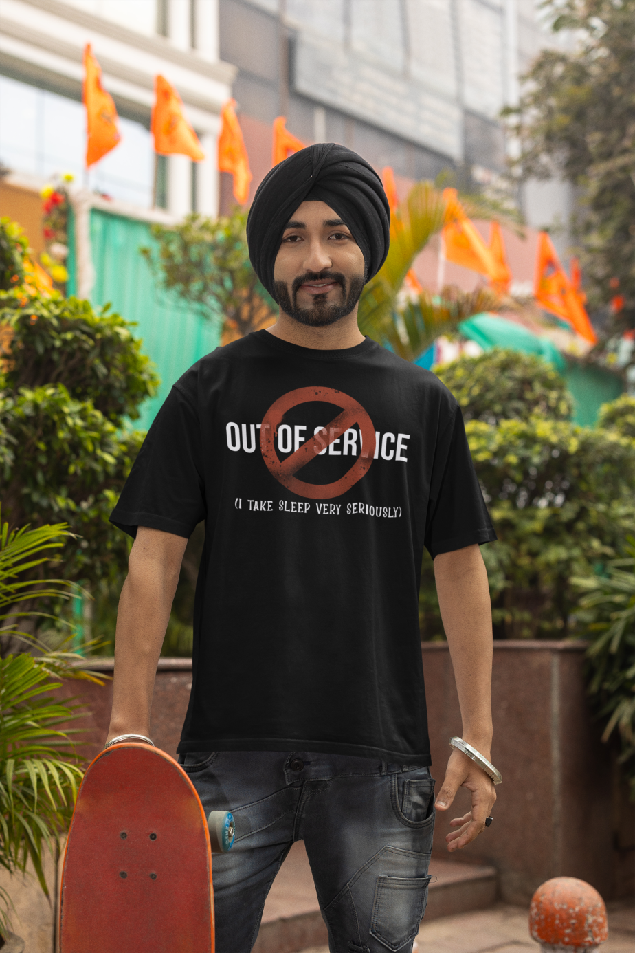 mockup of a bearded skater wearing a crewneck t shirt and a turban m38645