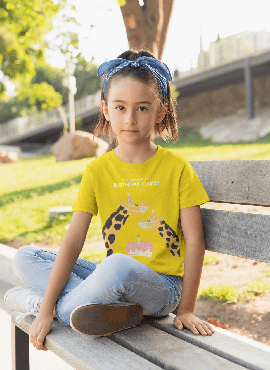 stay home and eat birthday cake round neck 100% cotton t shirt for kids