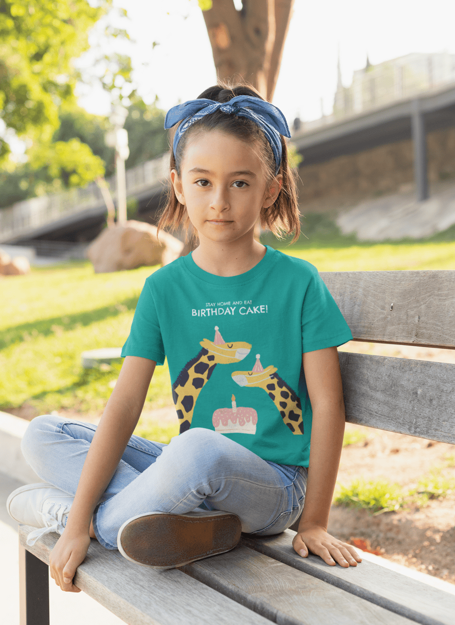 stay home and eat birthday cake round neck 100% cotton t shirt for kids