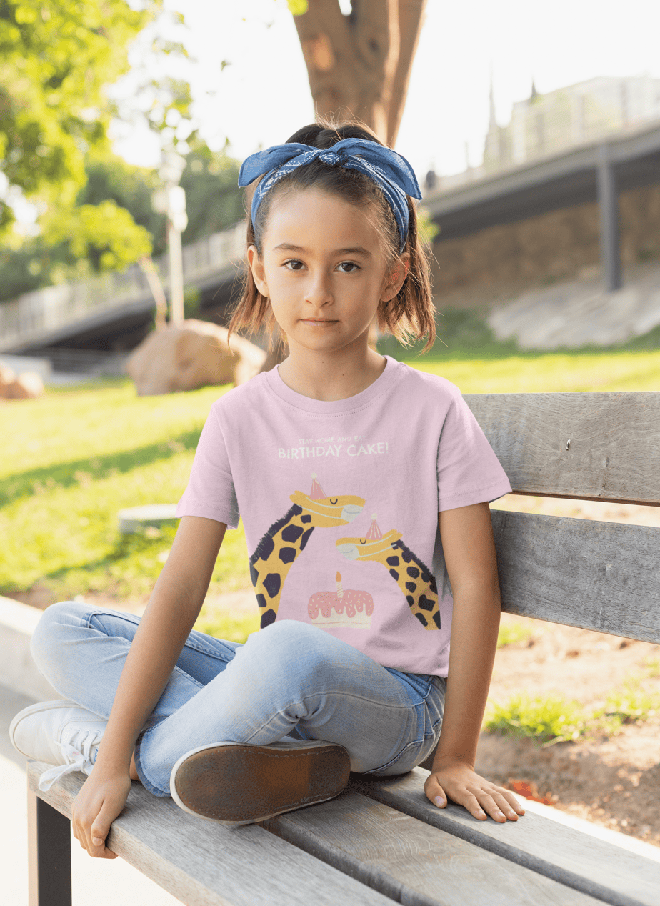 stay home and eat birthday cake round neck 100% cotton t shirt for kids