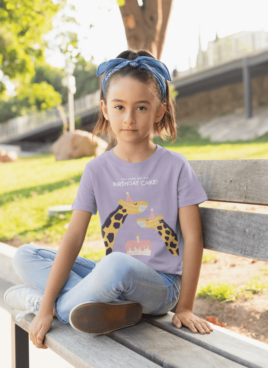 stay home and eat birthday cake round neck 100% cotton t shirt for kids