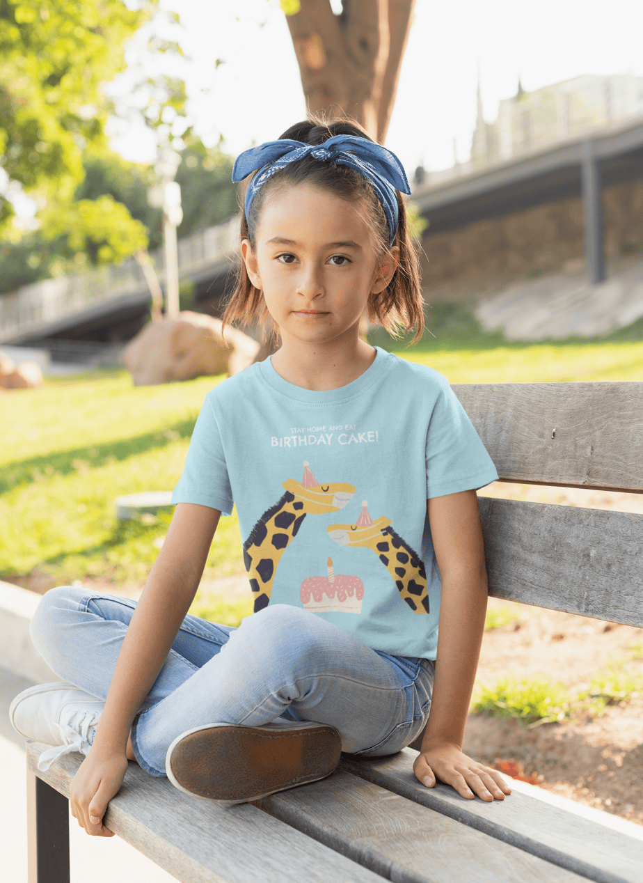 stay home and eat birthday cake round neck 100% cotton t shirt for kids