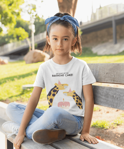 stay home and eat birthday cake round neck 100% cotton t shirt for kids