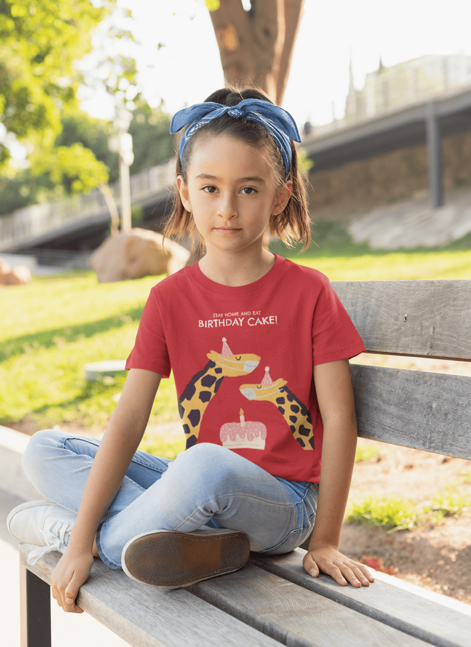 stay home and eat birthday cake round neck 100% cotton t shirt for kids