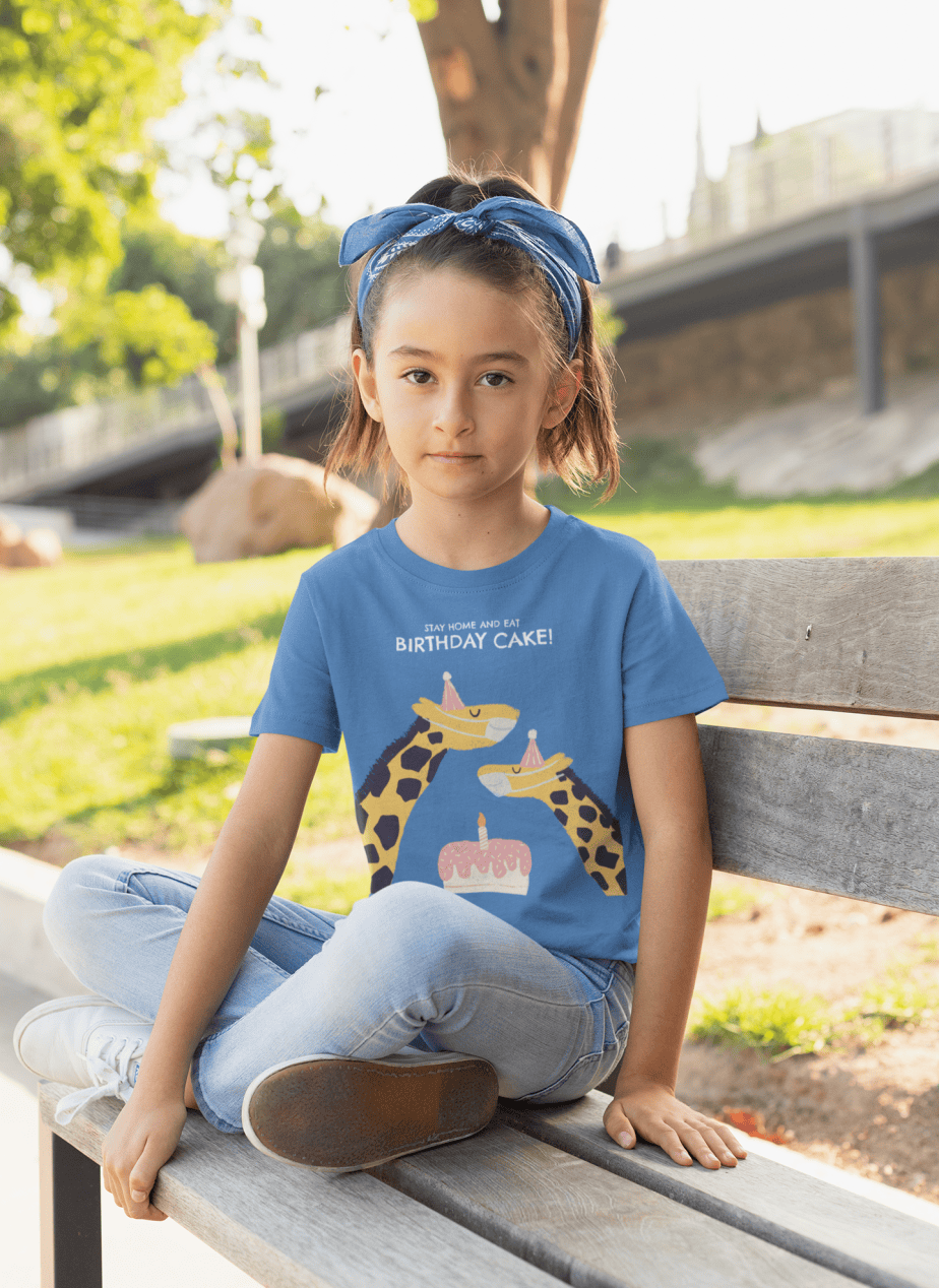 stay home and eat birthday cake round neck 100% cotton t shirt for kids