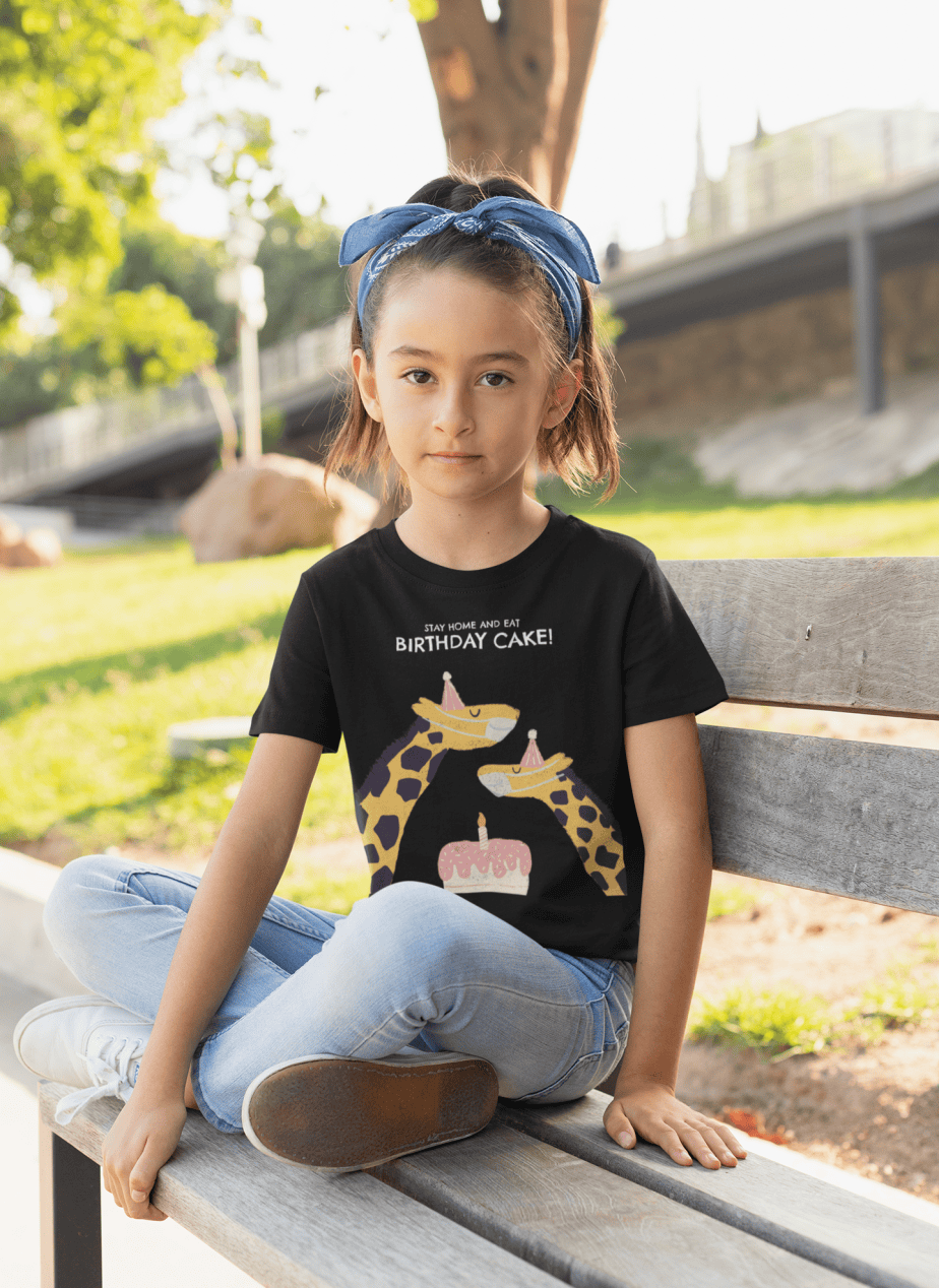stay home and eat birthday cake round neck 100% cotton t shirt for kids