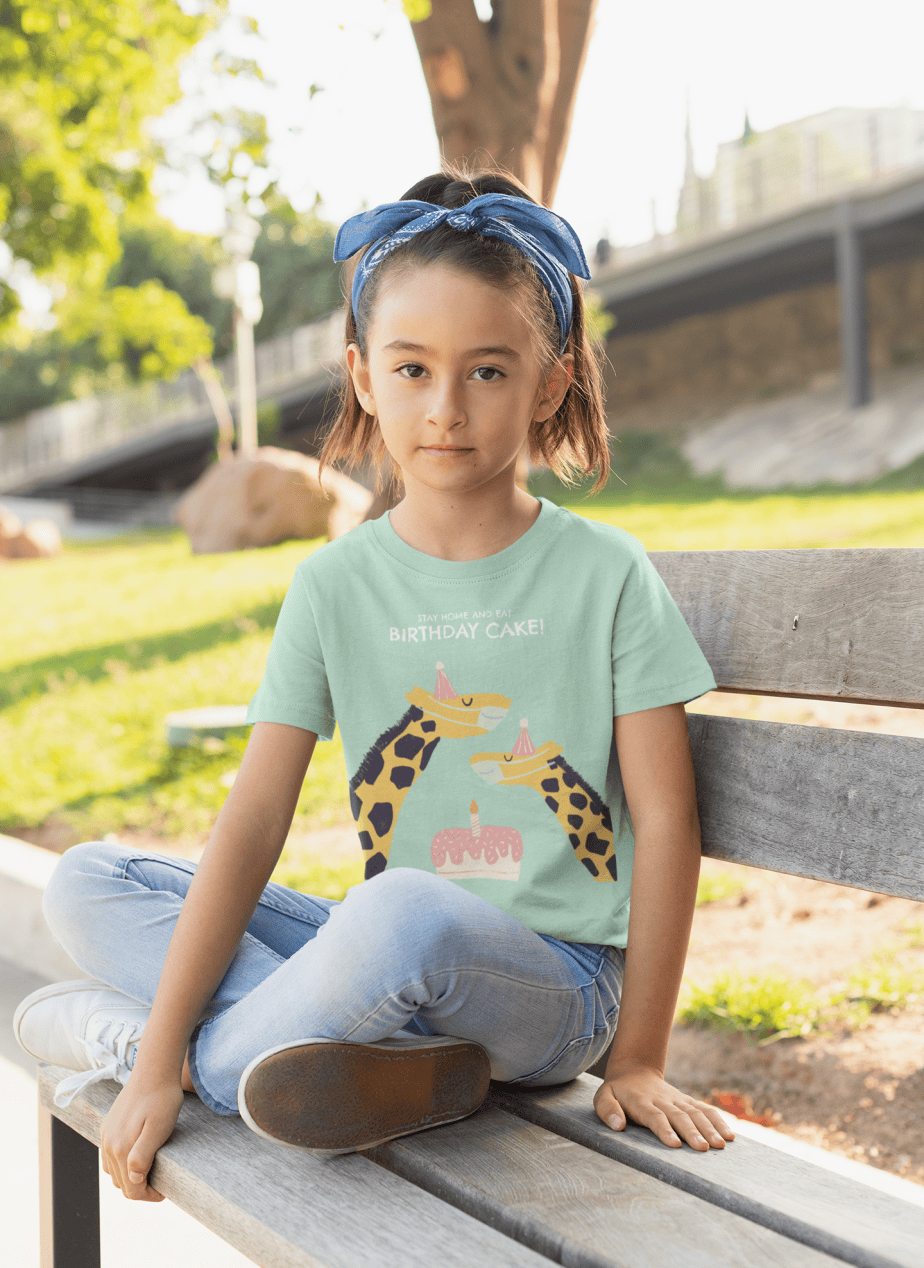 stay home and eat birthday cake round neck 100% cotton t shirt for kids