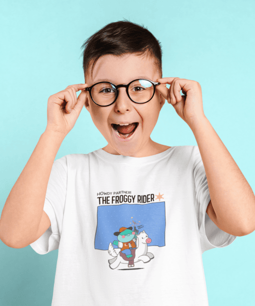 the froggy rider round neck 100% cotton t shirt for kids