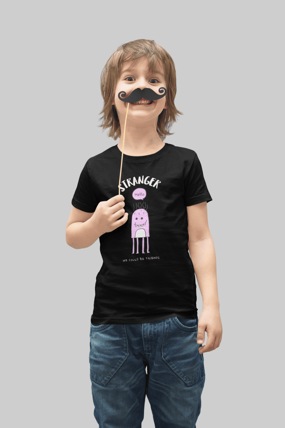 stranger hello! we could be friends round neck 100% cotton t shirt for kids